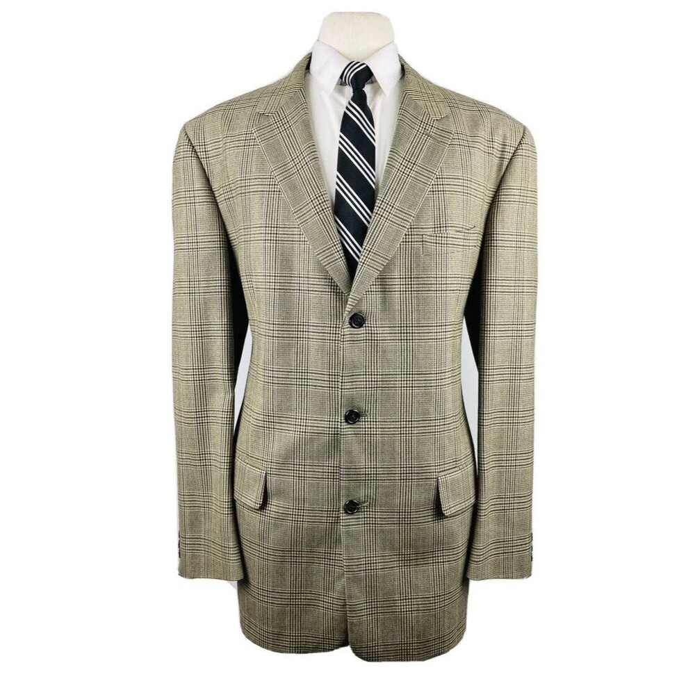 VINTAGE J CREW MENS 44L BEIGE PLAID/CHECK WOOL USA BLAZER SPORT COAT SUIT JACKET